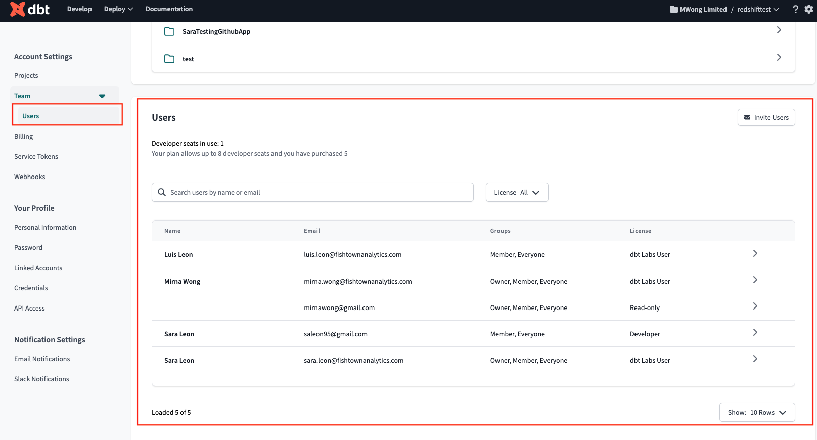 Navigate to Account Settings -> Users to modify dbt Cloud users